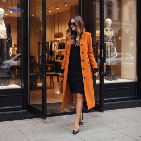 Woman wearing elegant button-front Veloura coat leaving boutique store.