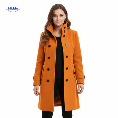 Wool Veloura women's button-front coat with full button closure.