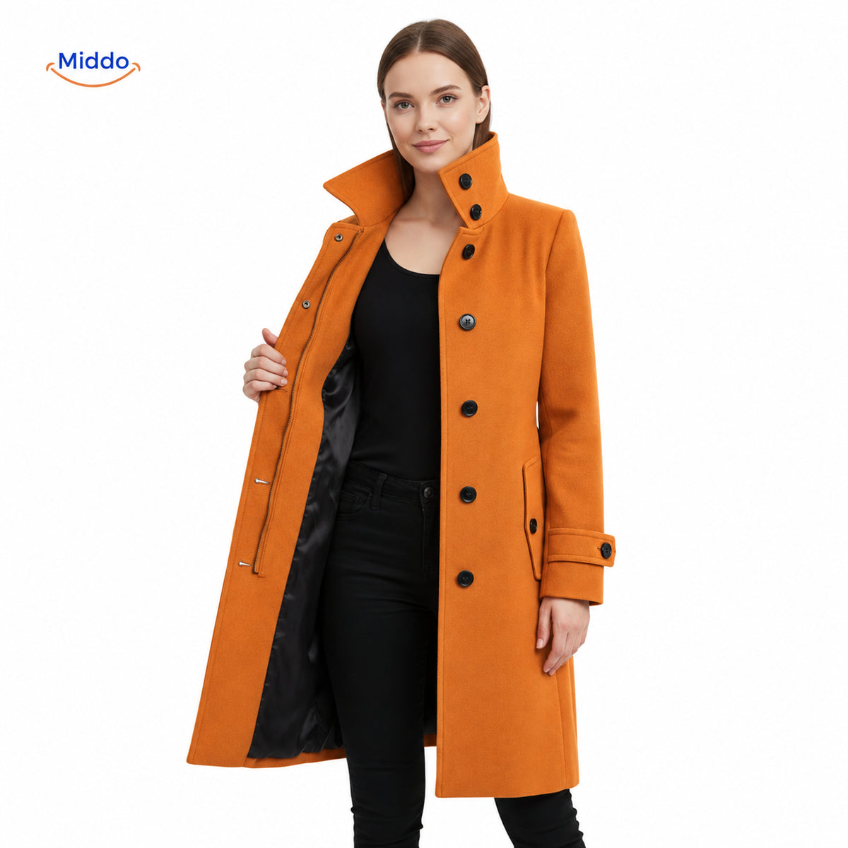 Veloura wool button-front coat displayed with open front view.