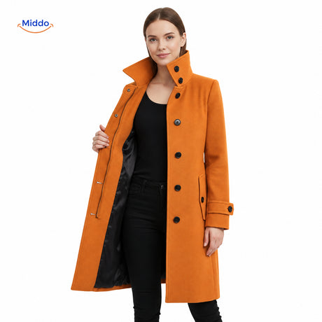 Veloura wool button-front coat displayed with open front view.