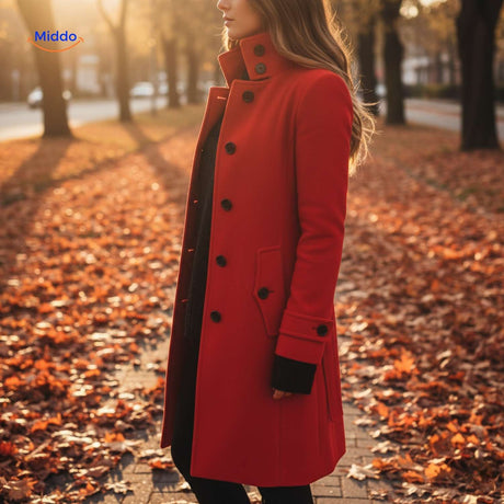 Red Veloura coat showcasing elegant button-front closure detail.