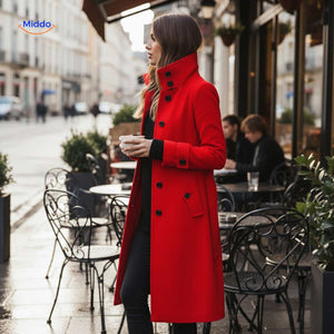 Red Veloura button-front coat with high collar and black buttons.