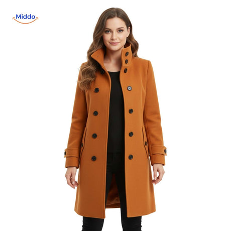 Wool Veloura women's button-front coat with full button closure.