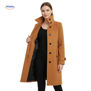 Veloura wool button-front coat displayed with open front view.