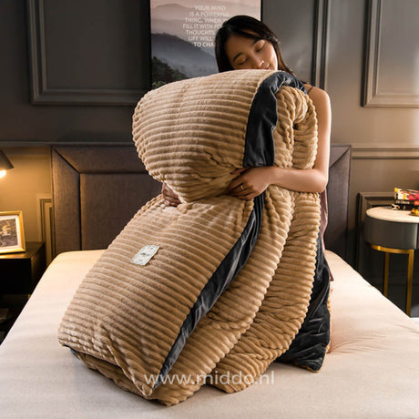 Neutral beige velvet fleece duvet cover complements any bedroom style.