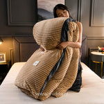 Neutral beige velvet fleece duvet cover complements any bedroom style.