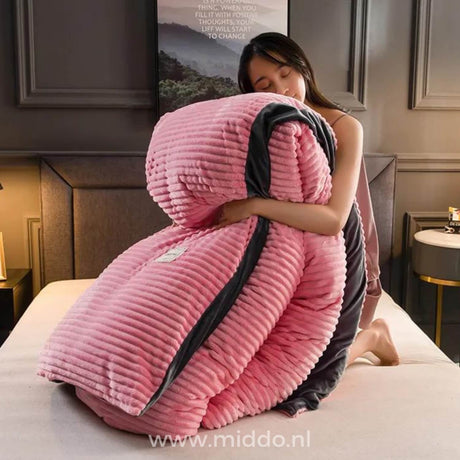 Soft pink teddy velvet fleece duvet offers cozy warmth for cold nights.