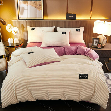 White and pink velvet fleece duvet cover in charming two-tone design.