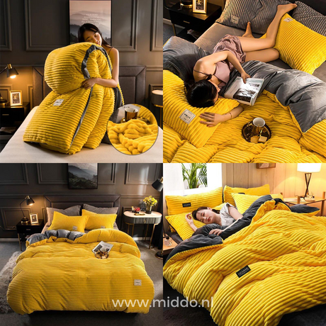 Yellow velvet fleece duvet cover displayed in cozy bedroom setting.