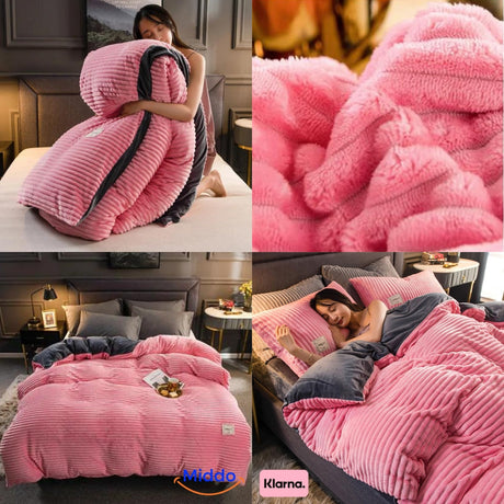 Complete pink velvet fleece duvet and pillowcase set for warm bedding.