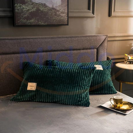 Dark green velvet fleece pillowcase featuring soft plush texture and timeless sophistication.