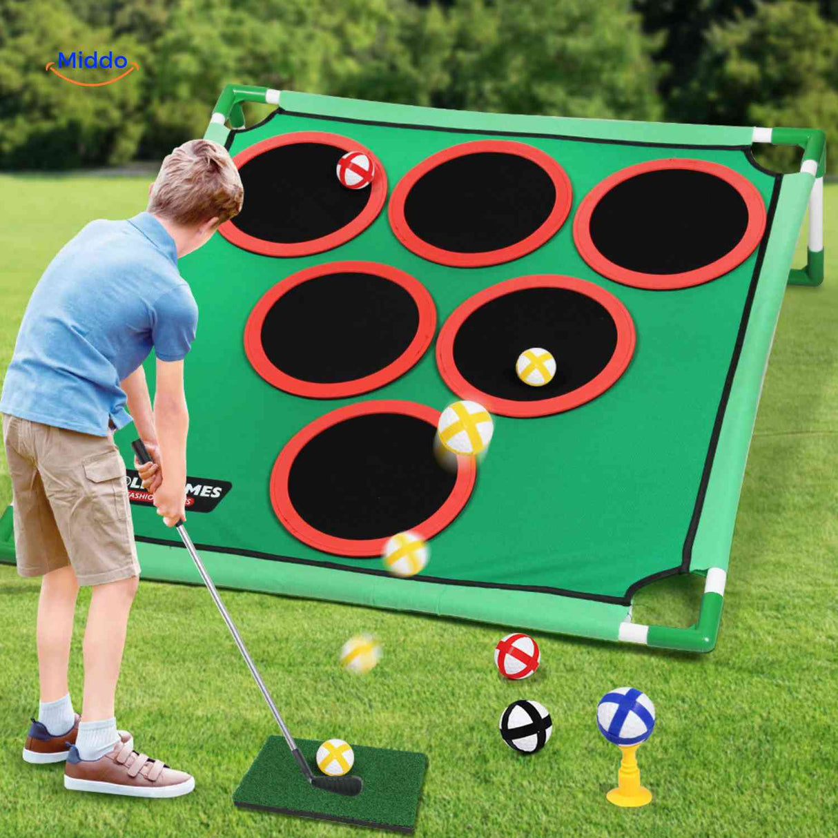 Vertical golf target board setup for outdoor play on grass.