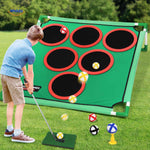 Vertical golf target board setup for outdoor play on grass.