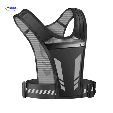 Back of reflective running vest highlighting rear zip pocket and reflective stripe detailing.