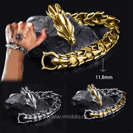 Viking dragon bracelet set of three styles displayed on a hand showing the full collection.