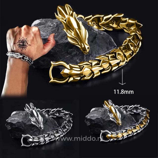 Viking dragon bracelet set of three styles displayed on a hand showing the full collection.