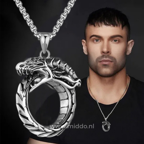 Viking dragon necklace worn in a lifestyle setting, showing the pendant in natural context.