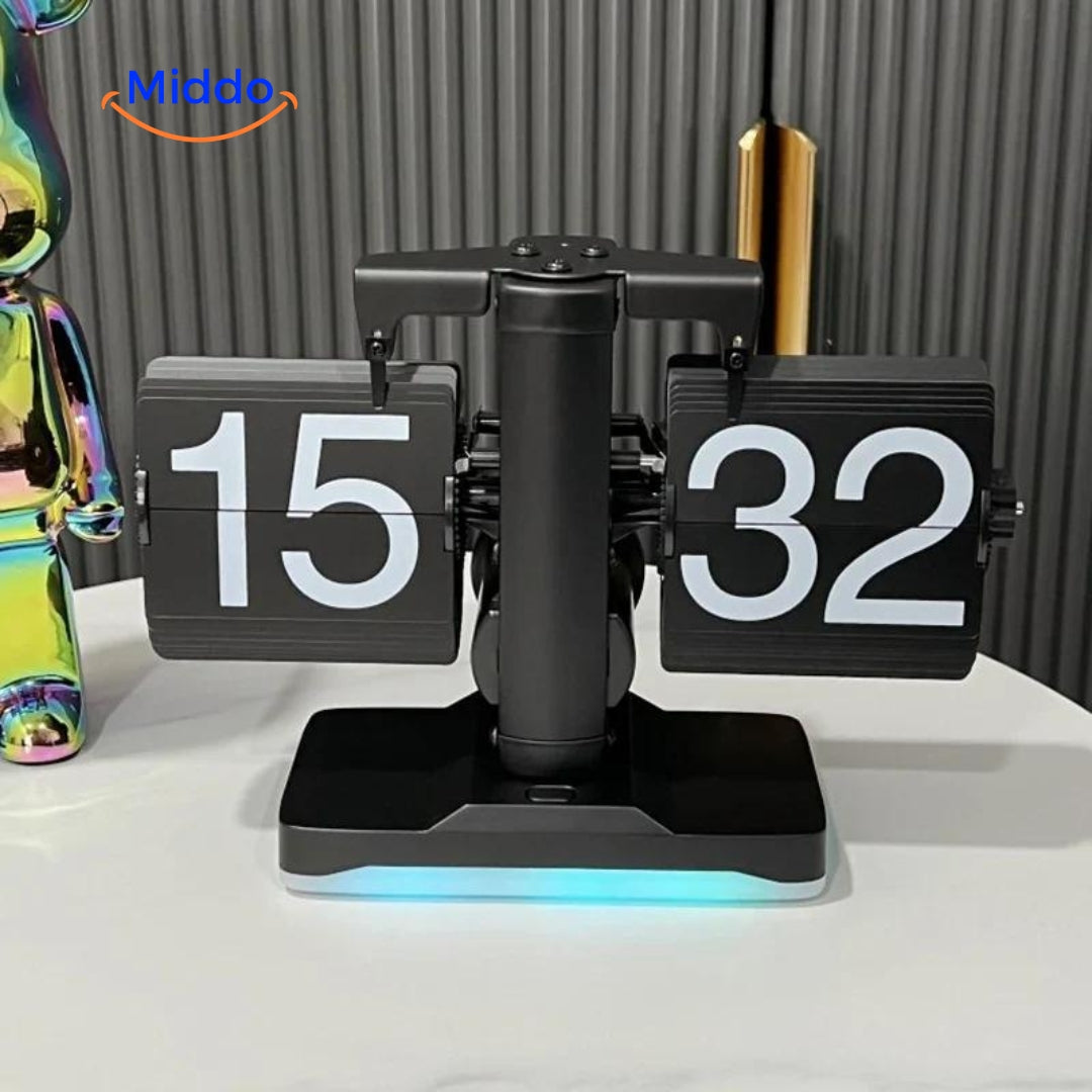 RetroFlip vintage flip clock with glowing display in black quartz movement.