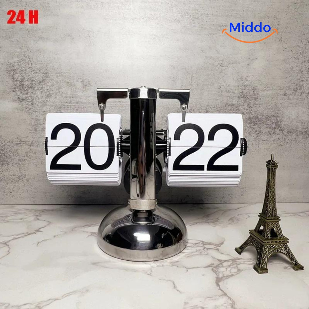 RetroFlip vintage flip clock in elegant white with 24-hour quartz movement display.