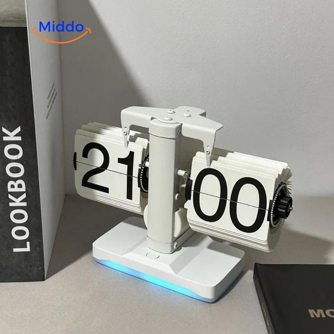 RetroFlip vintage flip clock with glowing display in white quartz movement.