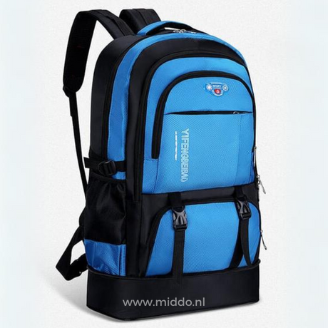 VoyagePro adventure backpack in classic blue, durable and ready for outdoor exploration.
