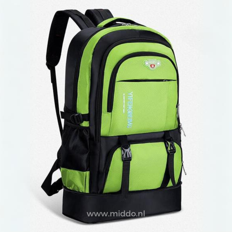 VoyagePro 65L backpack in forest green, ideal for wilderness and multi-day hiking trips.