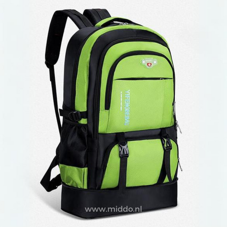 VoyagePro 65L backpack in forest green, ideal for wilderness and multi-day hiking trips.
