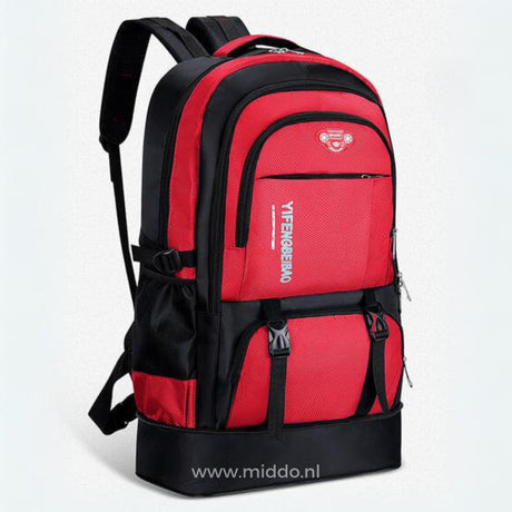 VoyagePro water-resistant backpack in vibrant red for standout style on any adventure.