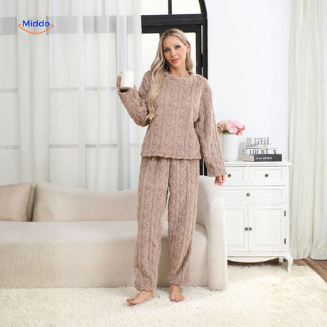 Dark gray soft fleece pajama set combining comfort and winter warmth.
