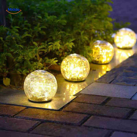 Warm solar LED lighting illuminating garden pathway and plants.