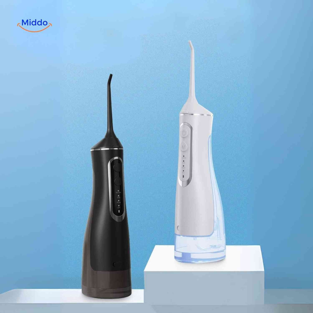 White and black cordless water flosser variants displayed on charging stand.