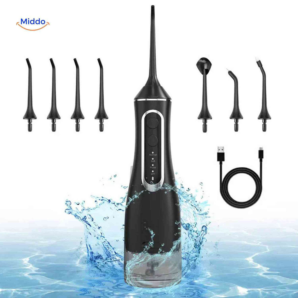 Water flosser complete set with 5 nozzle attachments and USB charging cable.