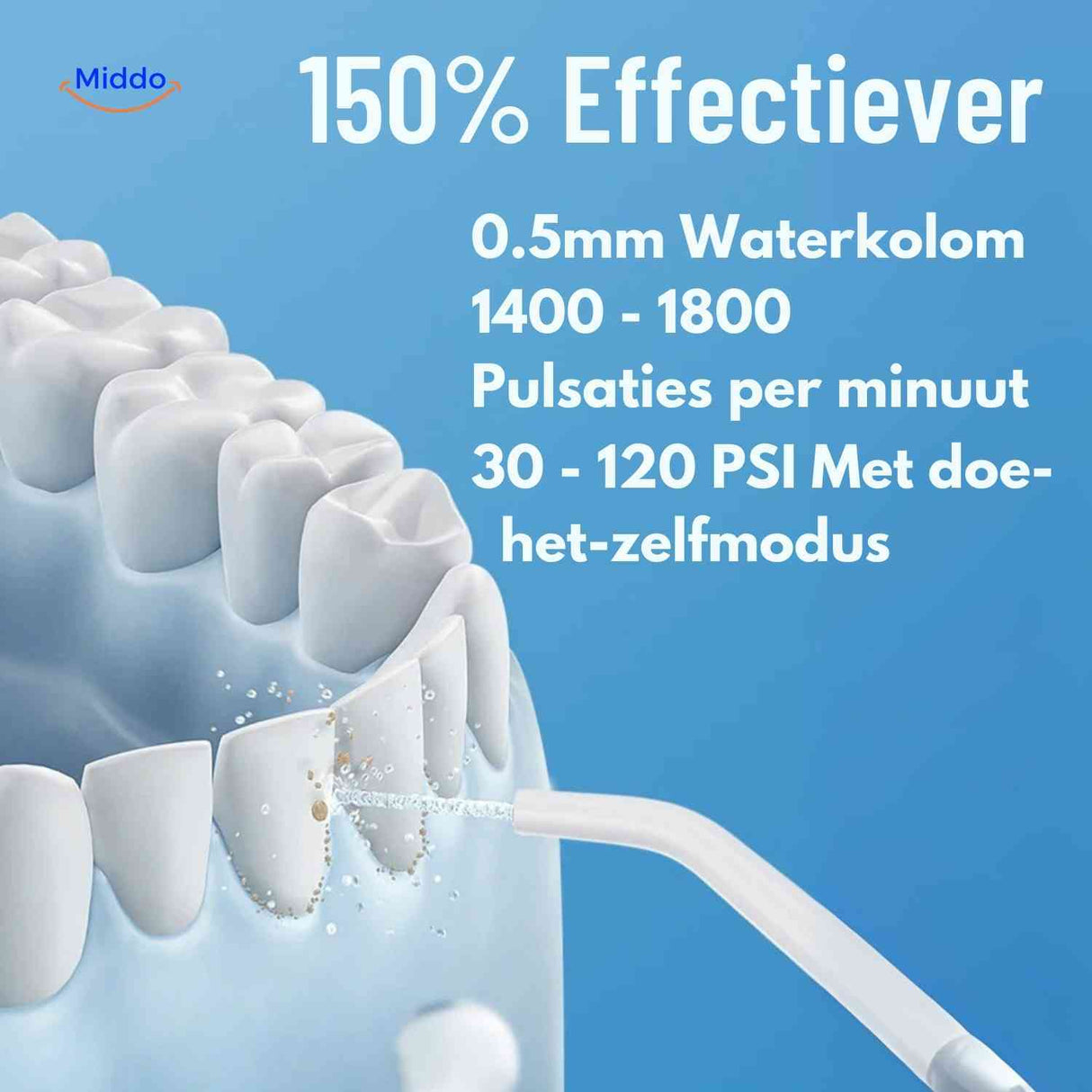 Cordless water flosser with 0.5mm water column and 1400-1800 pulsations per minute.