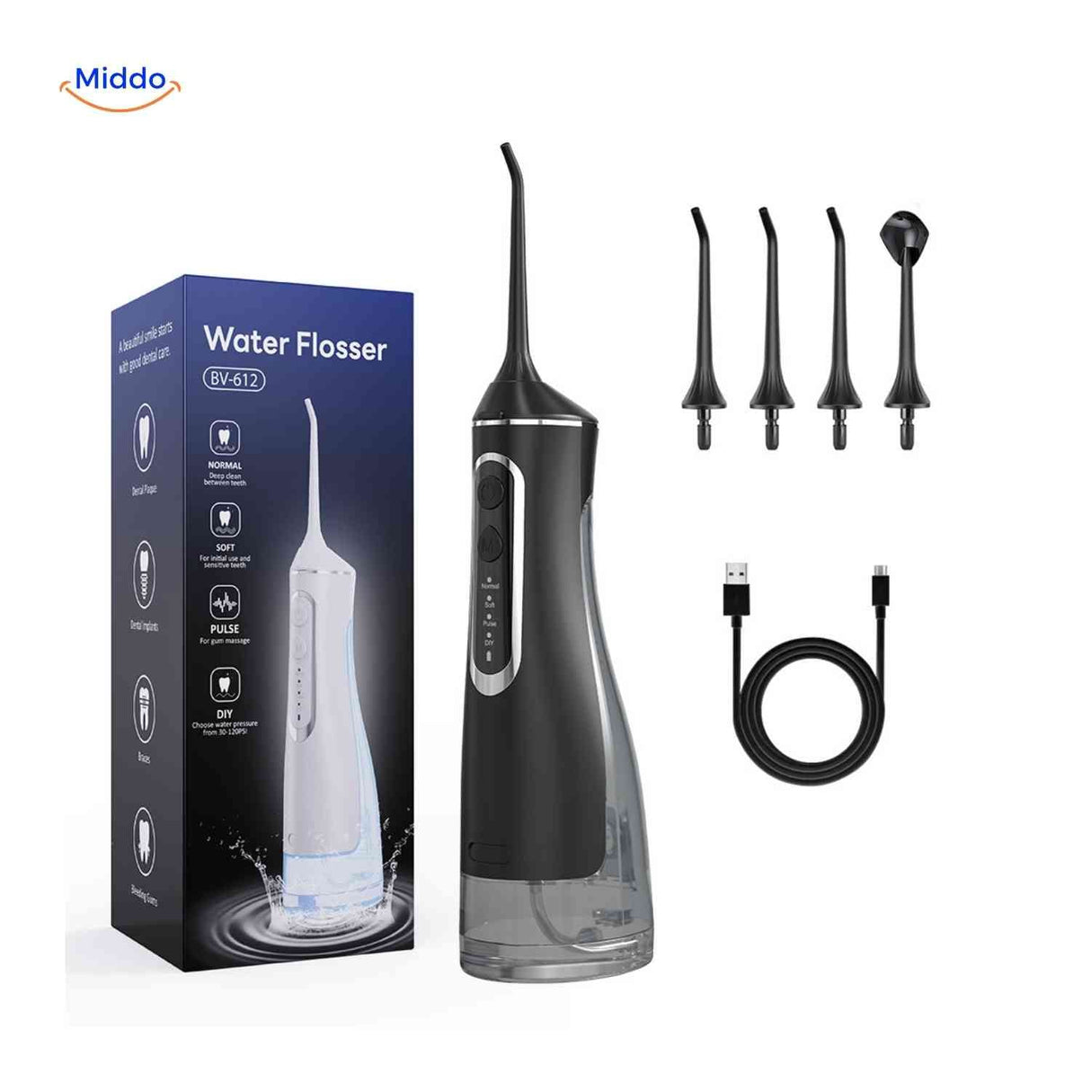 Easy fill and charge system for cordless water flosser at any tap or outlet.
