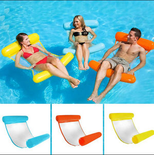 Colorful inflatable water hammock floats in swimming pool.