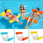 Colorful inflatable water hammock floats in swimming pool.