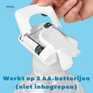 Water pump runs on 2 AA batteries, portable and efficient.