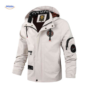 Water-resistant men's winter jacket with hood and zip pocket detail.