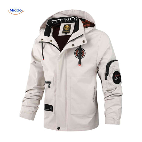 Water-resistant men's winter jacket with hood and zip pocket detail.