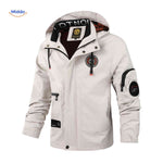 Water-resistant men's winter jacket with hood and zip pocket detail.