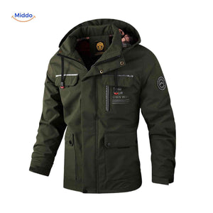 Water-resistant men's winter jacket featuring multiple pockets.