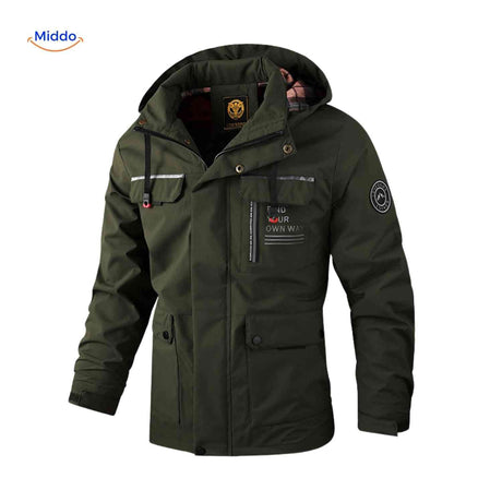 Water-resistant men's winter jacket featuring multiple pockets.