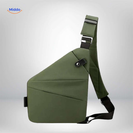 Water resistant green sling bag for adventure and travel.