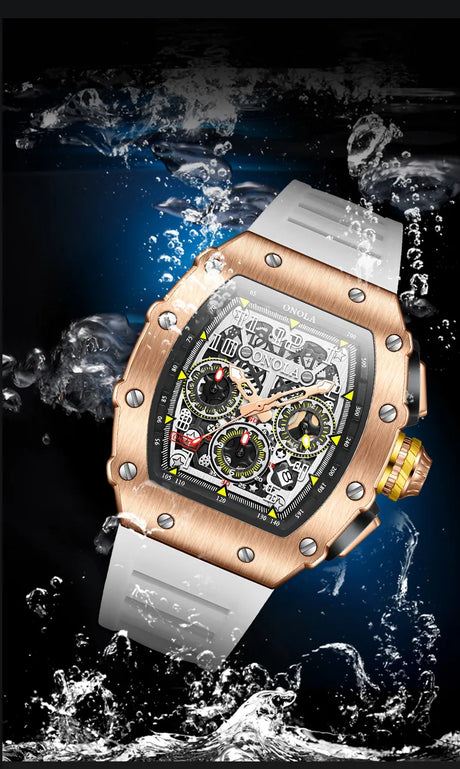 Rose gold chronograph watch with white dial and waterproof design.