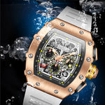 Rose gold chronograph watch with white dial and waterproof design.