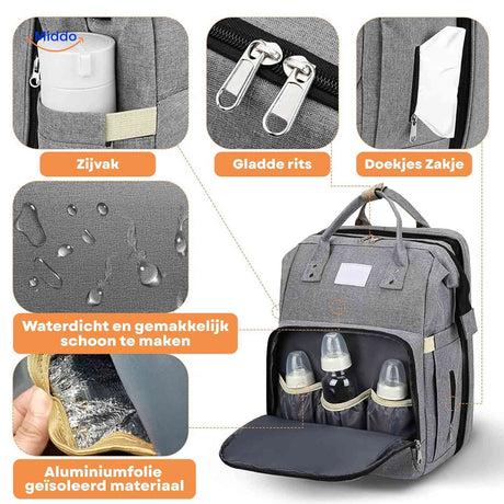 Waterproof diaper backpack with insulated wipes pocket and temperature control.