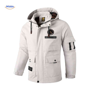 Waterproof men's winter jacket with hood and hand pockets.