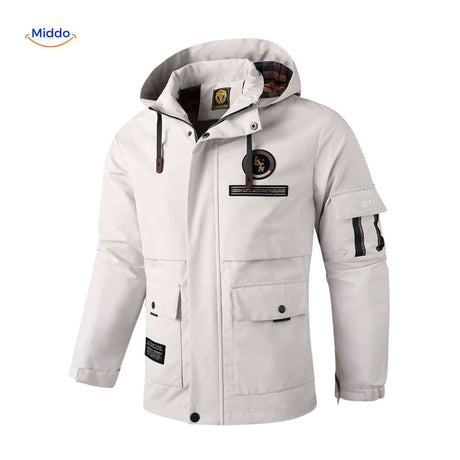 Waterproof men's winter jacket with hood and hand pockets.