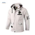 Waterproof men's winter jacket with hood and hand pockets.