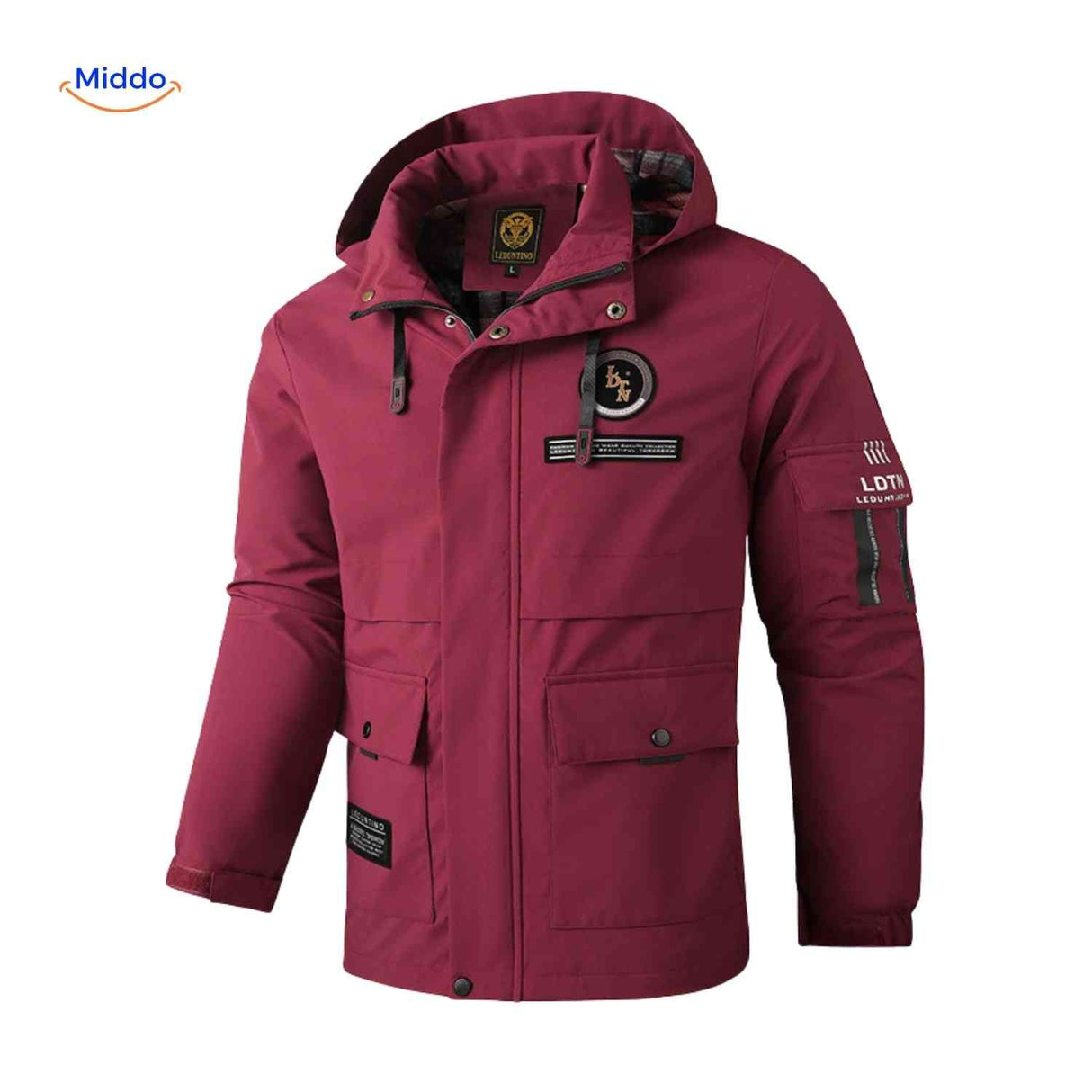 Waterproof men's winter jacket with hood and multiple pockets.